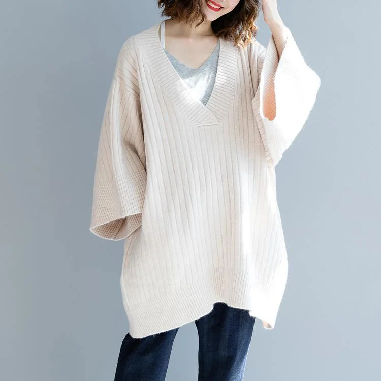 stylish beige winter sweater plus size big v neck knit sweat tops 2018 loose sleeve blouse