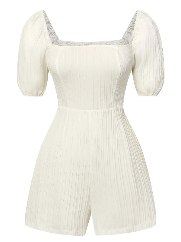 White 1960s Solid Puff Square Neck Romper