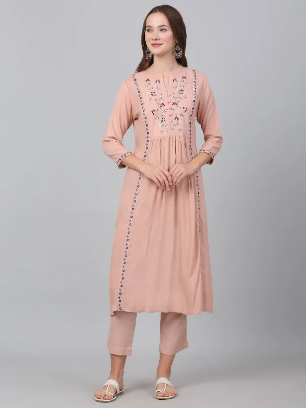 Women's Pink Embroidered Casual Kurta Plazzo Set