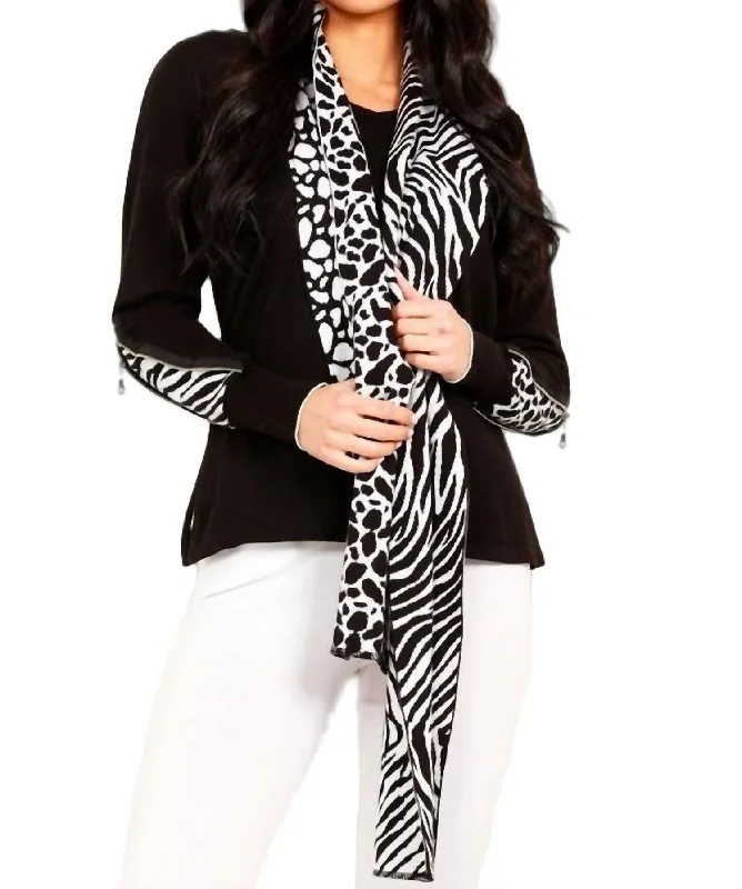 Animal Print V-Neck With Scarf In Black/white