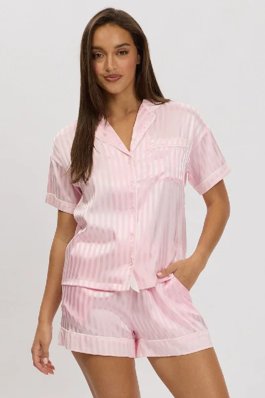 Pink Stripe Satin Pyjamas Set Short Sleeve