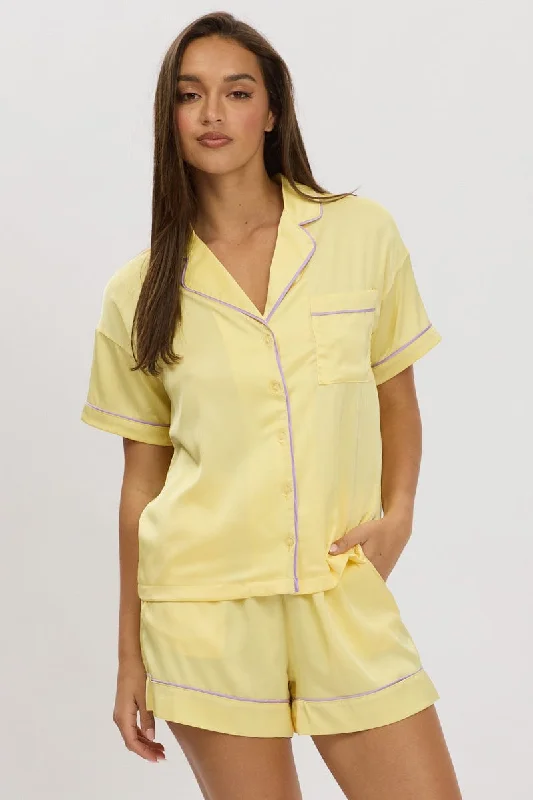 Yellow Satin Pyjamas Set Short Sleeve