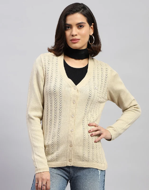 Women Cream Self Design V Neck Full Sleeve Cardigan