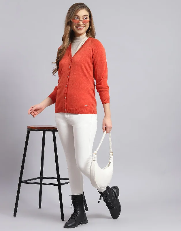 Women Rust Solid V Neck Full Sleeve Cardigan